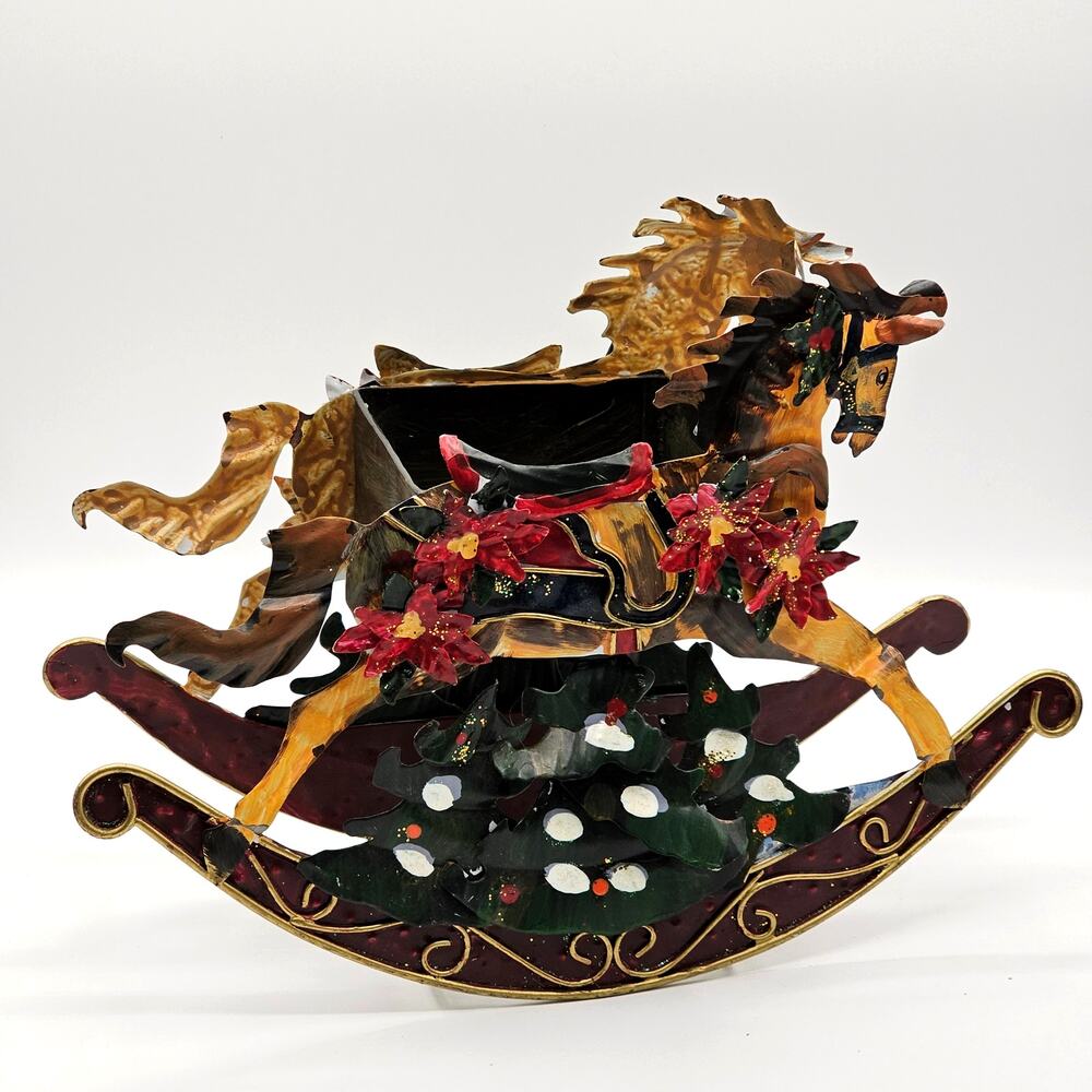 Vintage Metal Rocking Horse Planter Poinsettia Christmas Holiday Decor